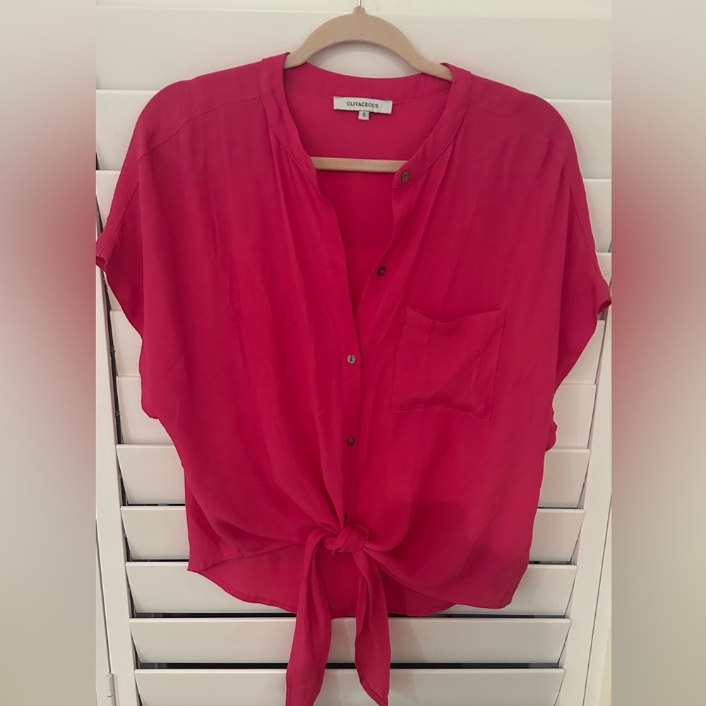 Pink short sleeve blouse with tie front, Olivaceous, 100% Rayon